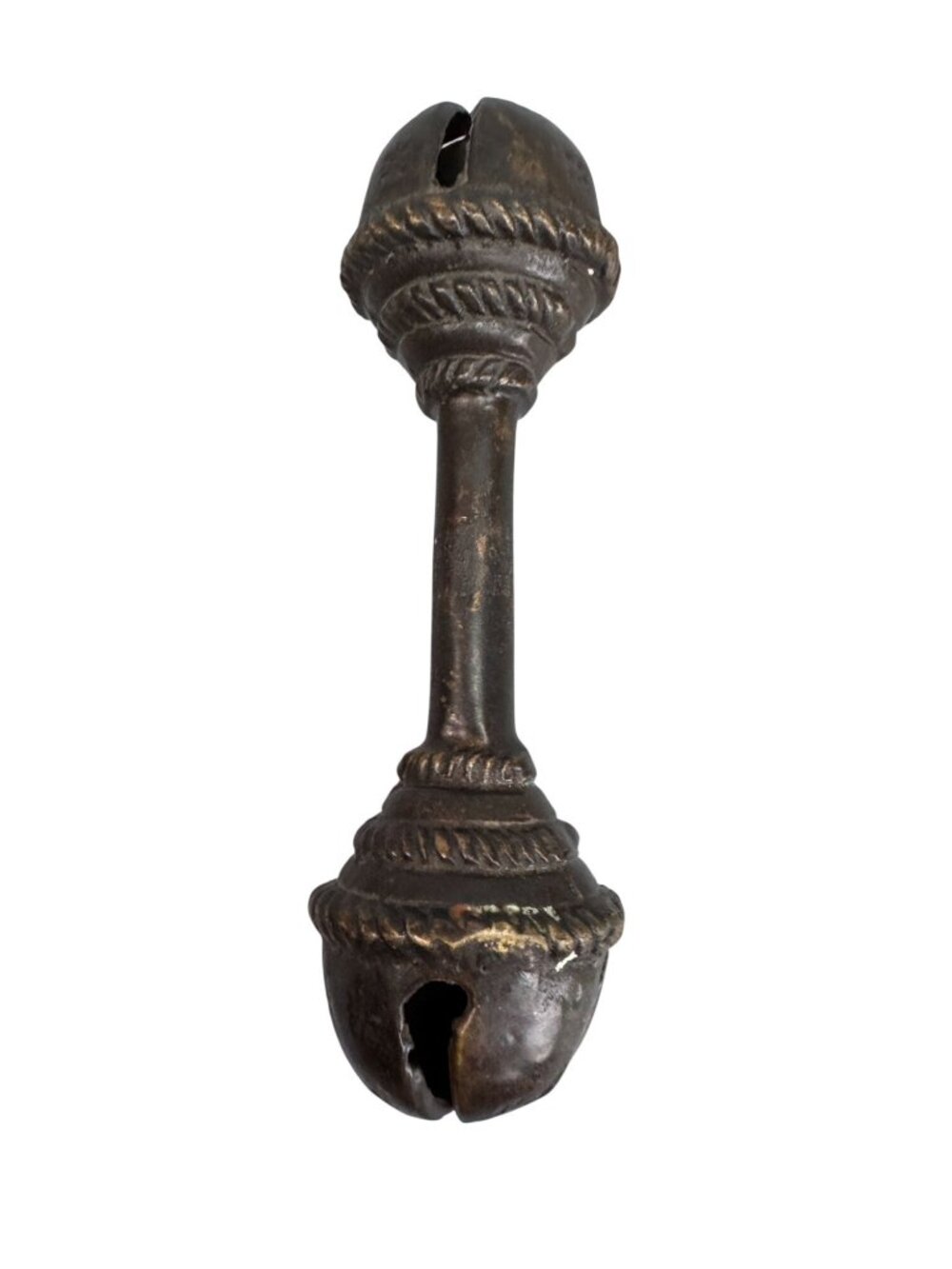 Antique Brass Baby Rattle Double Bell Primitive Nursery Decor 6 Inch 13 Oz - Picture 3 of 10
